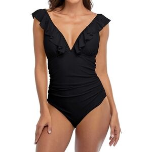 Ruffle One Piece Swimsuit for Women V Neck Ruched Monokini SZ L black‎